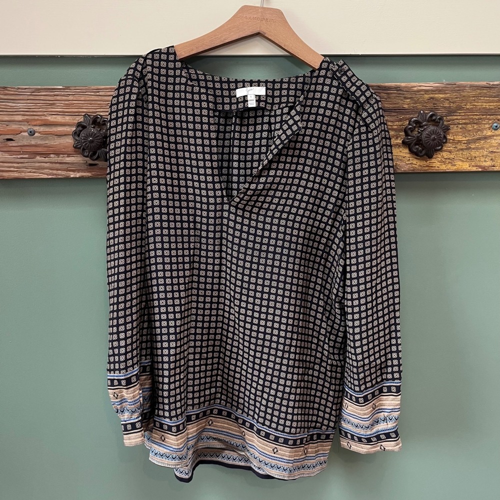 Joie Womens 100% Silk Geometric Print Split V-Neck Blouse Black Tan Blue Small
